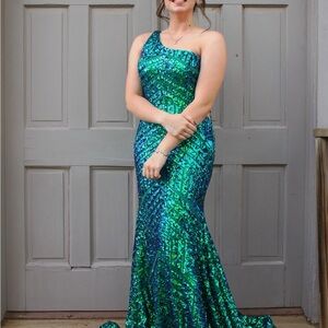 Jovani iridescent teal one-shoulder prom dress, size 8/10